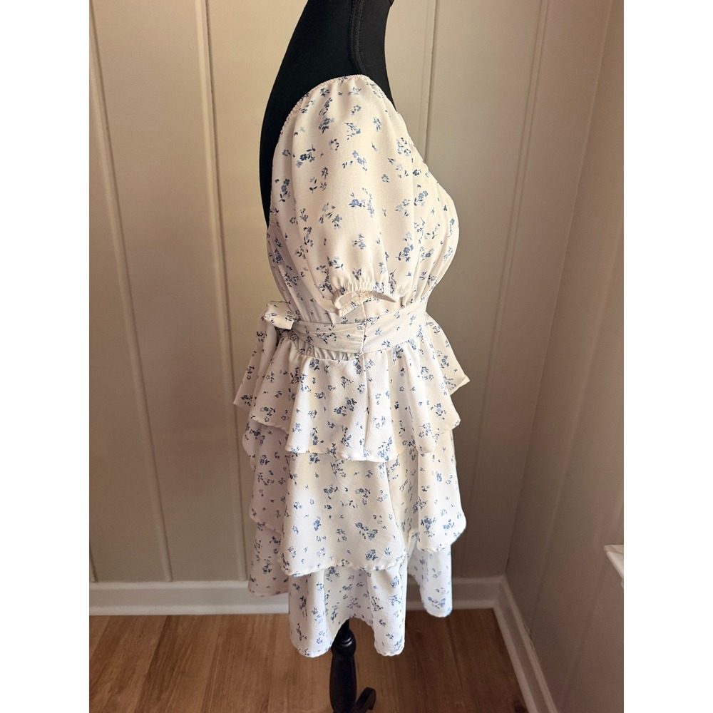 Originality Blue Floral Tiered Ruffle Mini Dress Cottagecore Puff Sleeve XS - Picture 2 of 6